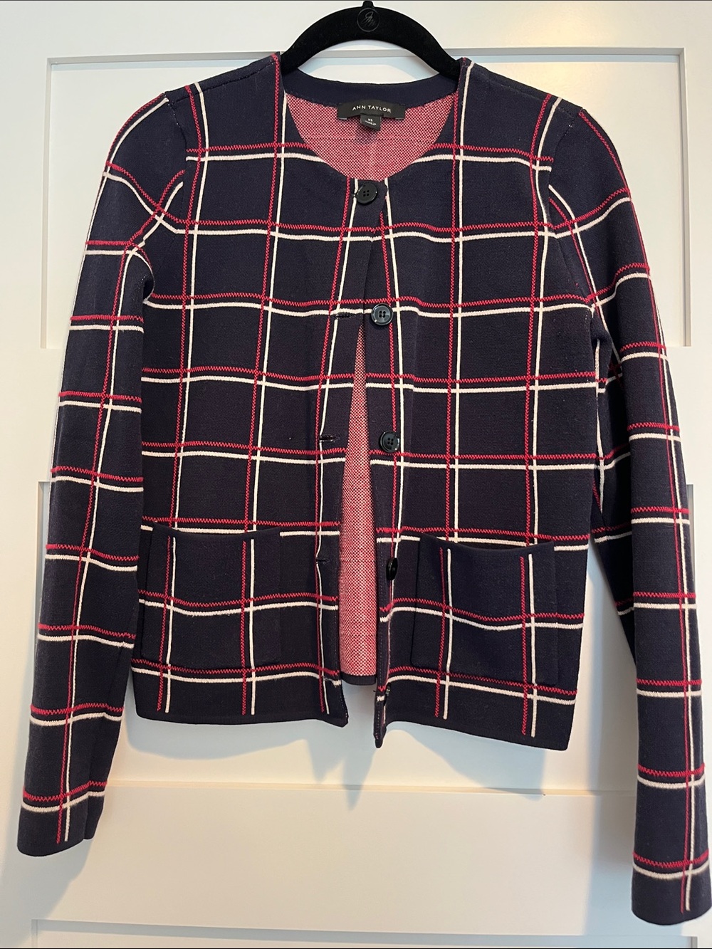 Ann Taylor Navy Windowpane Cardigan with Red and White Trim